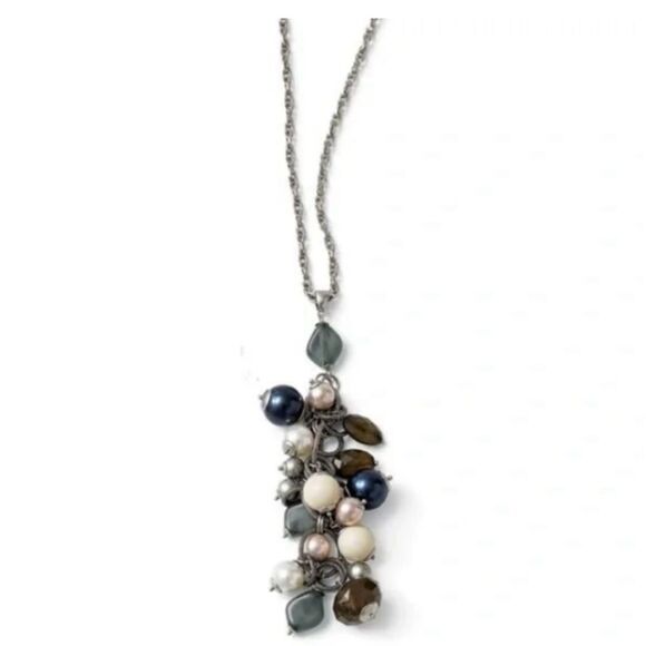 Lia Sophia Multi-Color Beaded Silver Long Necklace Boho Neutrals Adjustable - Picture 1 of 4